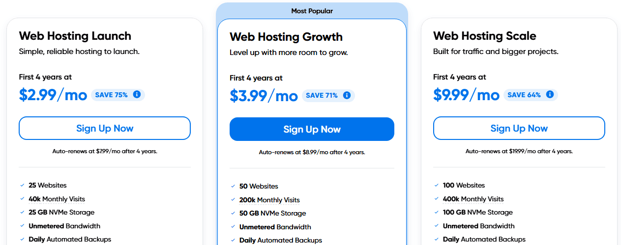 Dreamhost hosting pricing page